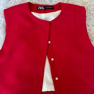 Zara Red Top with Contrasting White Tag Detail